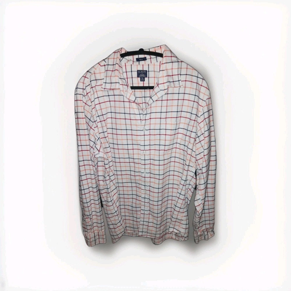J.Crew Factory Shirt Mens XL White Color Plaid Slim Flex Oxford Button Down Long